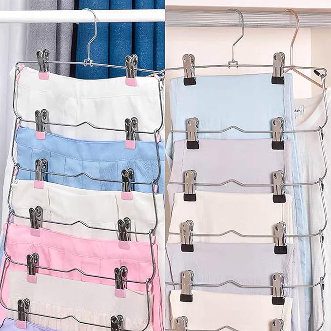 Skirt Pants Hangers with Clips，6Tier Skirt Hangers Space Saving,Metal,Non Slip Closet Organizer and Storage Multi Clothes Shorts Hanger Organization(4, Pink)