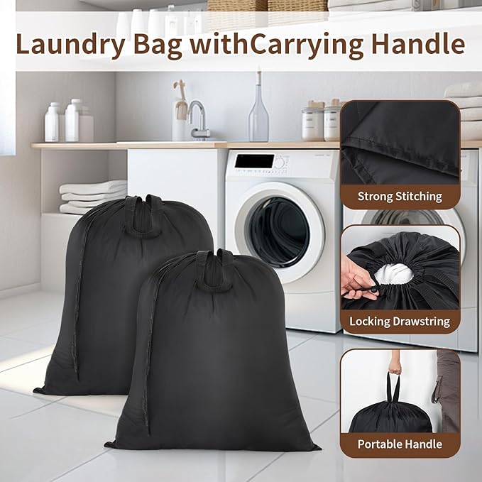 OTraki 2 Pack Washable Travel Laundry Bag 20x24 inch Heavy Duty Laundry Bags with Handles Dirty Clothes Drawstring Laundry Hamper Liner Bag Drying Do Not Exceed 176℉ Black