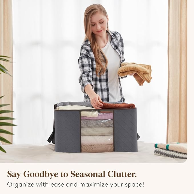 Lifewit 3 Pack 60L Clothes Storage Bins with Lids, Foldable Blanket Storage Bags with Zippers, Clear Window and Reinforced Handles, Closet and Organization for Clothing, Sweater, Comforter, Bedding