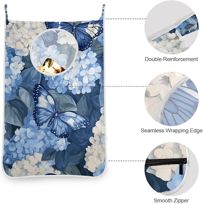 Blue Hydrangea and Butterfly Door Hanging Laundry Hamper Bag with Free Adjustable Stainless Steel Hooks Dirty Clothes Hamper Extra Large Over the Door Laundry Hamper 29.5X20inch 2Pack