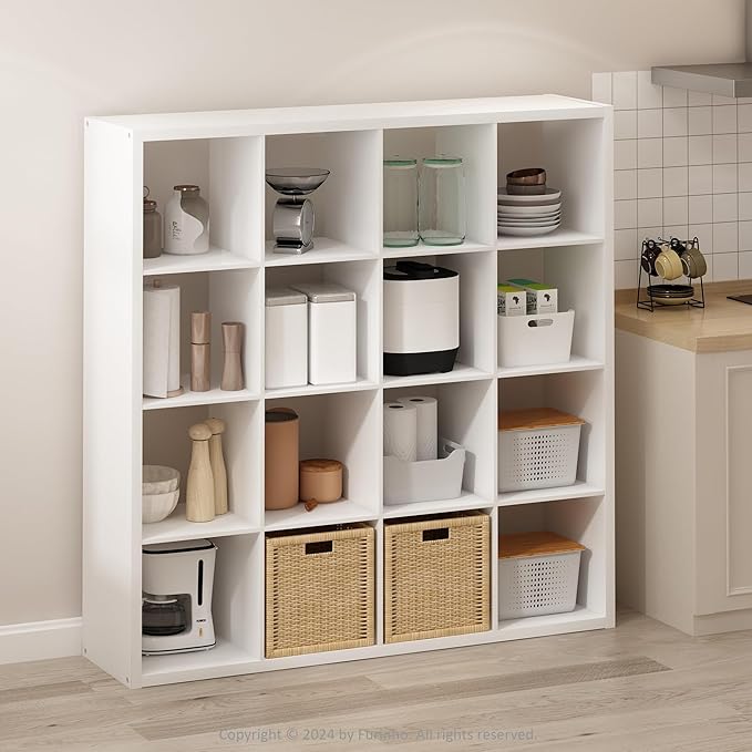 Furinno Simple Cube Storage Organizer, 16-Cube Display Shelf, Open Back Shelving Unit, Storage Shelves, Extra Thick Frame, for Organization and Storage, Living Room, Home Office, White
