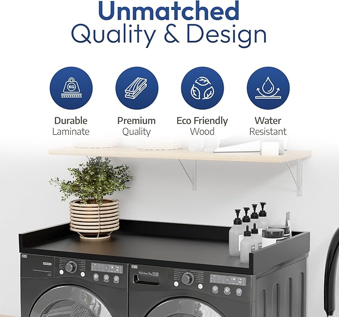 OfficeSimpli Washer Dryer Countertop, Made in USA, Non-Slip Pads, Laundry Room Wood Topper, Washer Dryer Cover for Top, Laundry Countertop, Laminate Finish (Black, Standard (27.5" x 54"))