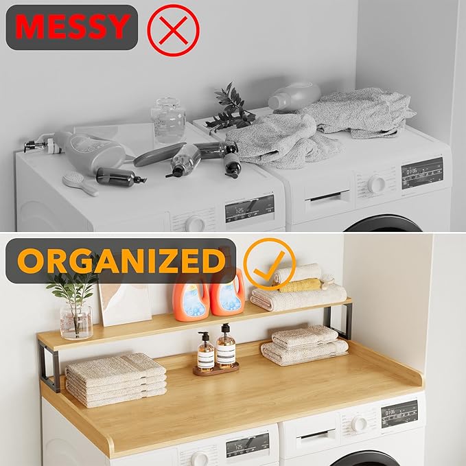 SpaceAid 2-Tier Washer Dryer Countertop, Laundry Topper with Rack Shelf 54" Width x 27.5" Depth x 10" Height Organizer Cover for Washer and Dryer Laundry Hamper Counter Storage (Maple Wood)