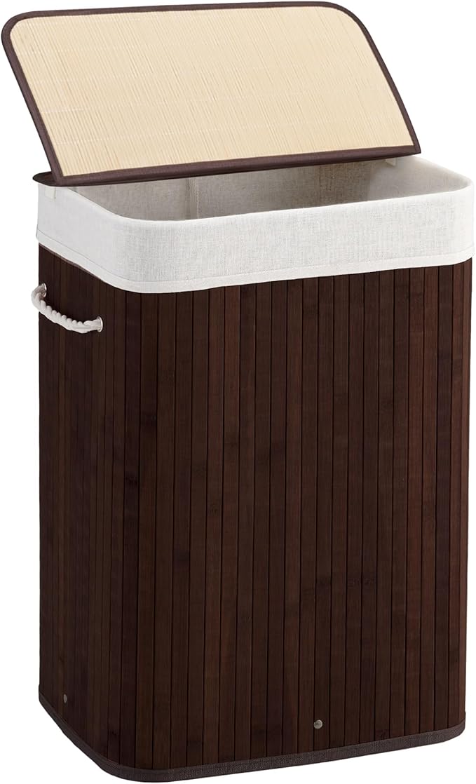 72L Slim Laundry Hamper with Lid, Foldable Bamboo Clothes Laundry Basket with Handles, Removable and Machine Washable Liner, for Bedroom, Bathroom, Dorm, Brown
