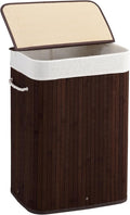 72L Slim Laundry Hamper with Lid, Foldable Bamboo Clothes Laundry Basket with Handles, Removable and Machine Washable Liner, for Bedroom, Bathroom, Dorm, Brown