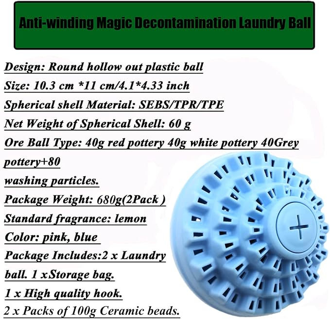Laundry Balls Set, Eco-Friendly Washing Machine Laundry Ball, All Natural Washer Laundry Detergent Alternative, With A Storage Bag and 100g Ceramic Accessories. (2pcs Balls,Blue)