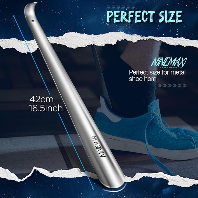 NINEMAX Shoe Horn Long Handle for Seniors Men Women, Metal Long Shoehorn Boot Horn Stainless Steel Shoe Spoon Helper 16.5''(Pack of 1)