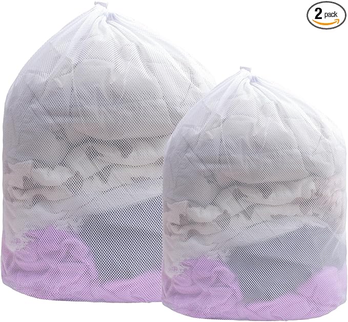 2 Pack Mesh Laundry Bags, Large Laundry Drawstring Bag Heavy Duty Large Mesh Laundry Bag with Drawstring Closure for College, Dorm, Travel, Family and Apartment Dwellers, White