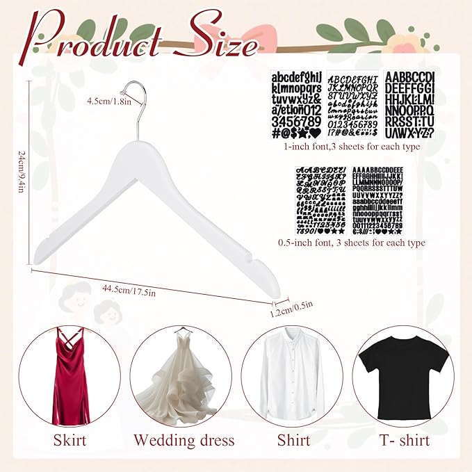 Personalized Bride Hanger for Wedding Dress, Wooden Bridesmaid Hangers 10 Pack and 15 Pcs Letter Stickers for Tuxedo Suit Wedding Gift Bridal Party Shower DIY Special Names Dates (White)