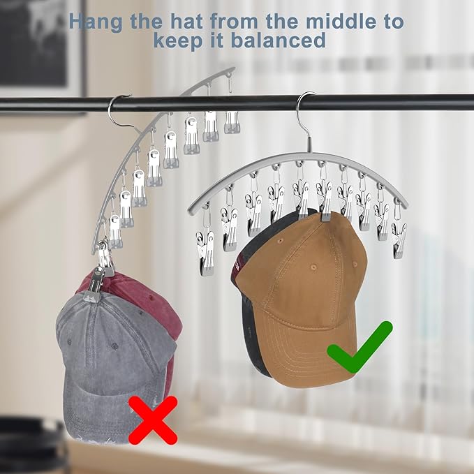 Hat Hangers for Closet, Metal Hat Organizer for Baseball Caps 2 Pack Door Hat Racks for Baseball Caps with 10 Large Clips, Baseball Cap Hangers for Closet Storage, Fits All Caps-Grey, Gray