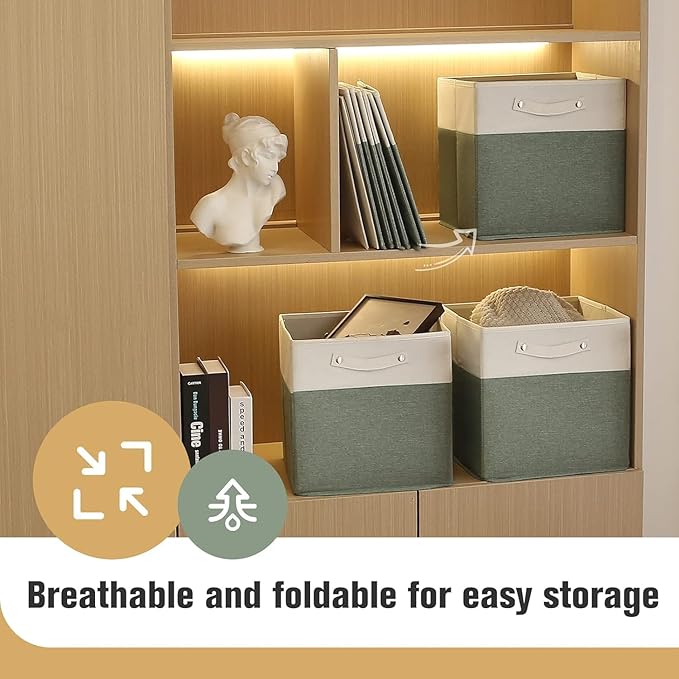 13 x 13 Inch Fine Linen Storage Bins with Handles，Fabric Cube Boxs，Basket Organizers for Shelves for Home, Closet Drawers (White/Green-6 Pack)