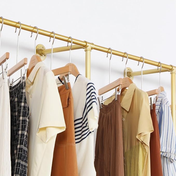 Gold pipe clothing rack for Hanging Clothes rack with 3 T-Bar Design,Nano Gold Finish, Heavy Duty industrial clothing rack wall mounted,Retail Display Rack Closet Storage Clothes Organizer