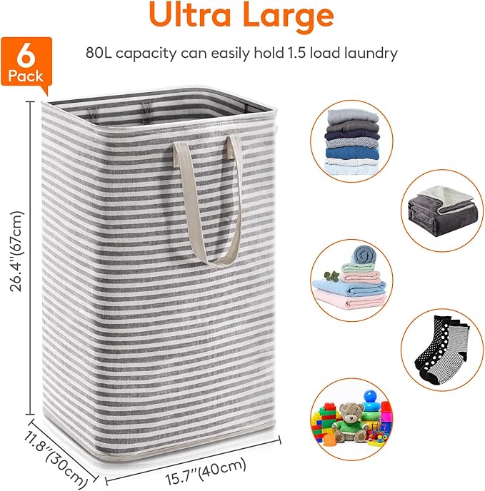 Lifewit 6 Pack Laundry Hamper Large Collapsible Laundry Baskets, Freestanding Waterproof Clothes Hamper with Easy Carry Handles in Laundry Room Bedroom Bathroom College Dorm, Black, 6 x 80L