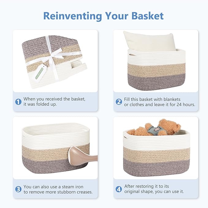 Cotton Rope Storage Baskets,15x10x9 in,Foldable Storage Bins, Decorative Woven Basket Cube Storage Organizer for Laundry, Towel, Clothes (White/Grey-2Pack, 15x10x9 inches)