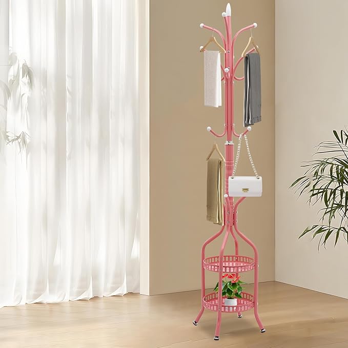 Coat Rack Freestanding,72.8in High Metal Coat Tree with 15 Hooks and Storage Shelves for Entryway Living Room Bedroom Office Use(Pink)