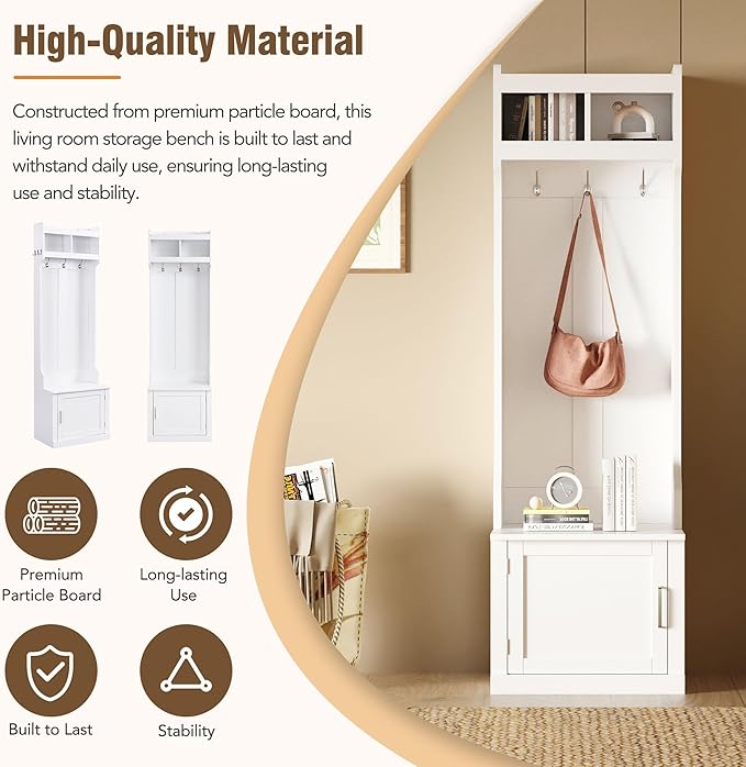 Minimalist Slim 78.7''H Hall Tree with Cabinet & 6 Hanging Hooks, Multi-Functional Storage Bench with Coat Rack, Elegant Foyer Cabinet for Mudrooms Organization Entryway Living Room (White-62s)