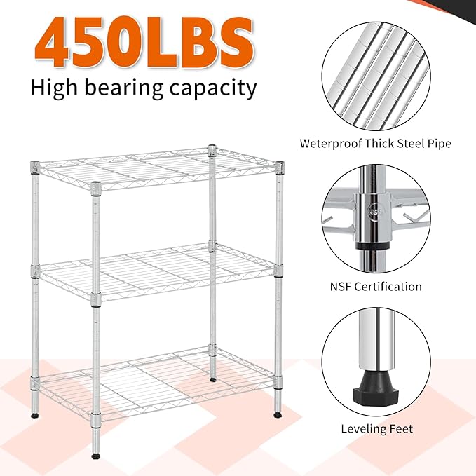 3 Tier Rolling Storage Cart with Wheels and Leveling Feet, Adjustable Wire Shelving Rack, Heavy Duty 450LBS Capacity, Metal Shelf Organizer for Kitchen, Bathroom, Laundry, Office, 23"L x 13"W x 31.3"H
