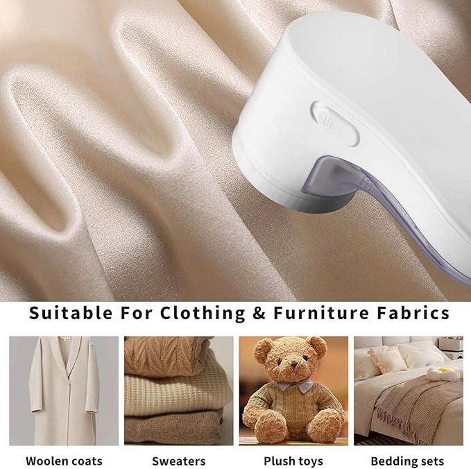 Rechargeable Fabric Shaver, Lint Remover for Clothes & Furniture, 3-Leaf Blades, Safety Lock, Pilling Remover Depiller for Fuzz, Lint, Pills, Bobbles (White)