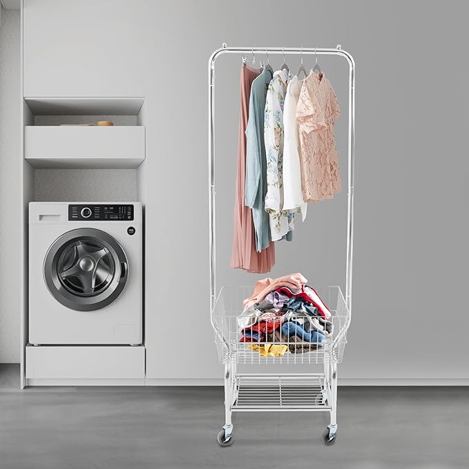 Laundry Cart,Steel Wire Laundry Cart,Laundry Basket With Wheels,Commercial Laundry Basket Cart Heavy Duty with Rod Rack 19.69x15.75x70.87in (H)