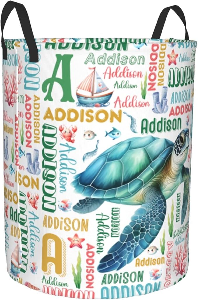 Personalized Turtle Laundry Basket For Baby Kids Boys Girls Adult Custom Hamper Basket With Name For Bathroom Bedrooms Collapsible Baby Laundry Basket, Dirty Clothes Hamper With Handles