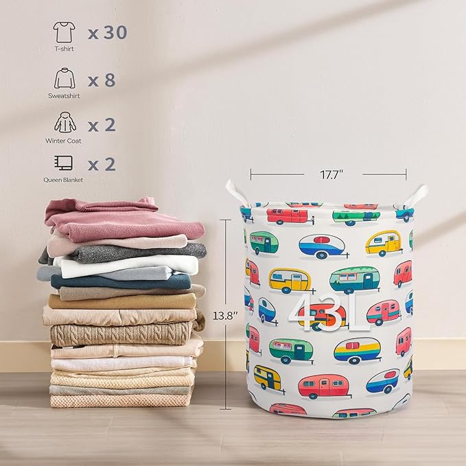 Toddler Boys Laundry Basket Foldable With Handles Car Pattern Boys Toy Storage Bin Nursery Laundry Hamper Clothes Storage Bucket Cars Decor for Kids Room (Car, 43L)