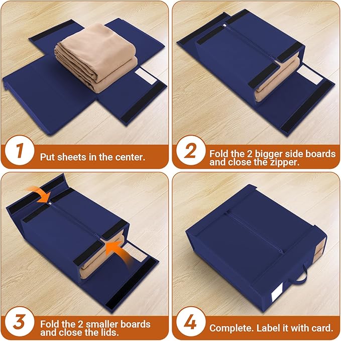 2 Pack Bed Sheet Closet Organizers and Storage,Sturdy Foldable Storage Containers with Window and Label,Storage and Organization for Bedding Sheets,Duvet Covers,Blankets (Blue)