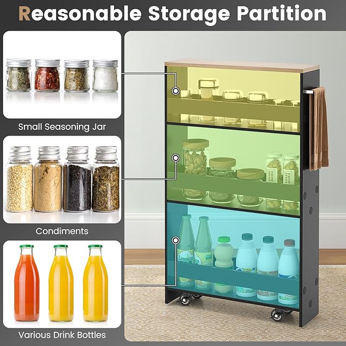4-Tier Slim Rolling Storage Cart, Wooden Kitchen Utility Cart with Wheels & Handle, Space Saving Trolley, Slide Out Shelving Unit for Narrow Spaces, Laundry, Bathroom (Black + Natural)