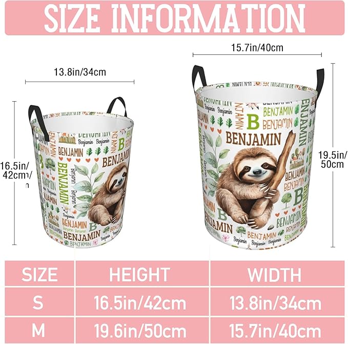 Sloth Laundry Basket,Custom Laundry Hamper with Name,Personalized Sloth Gifts for Boys Girls,Customize Collapsible Laundry Basket for Bedroom Bathroom,S-16.5"x 13.8"