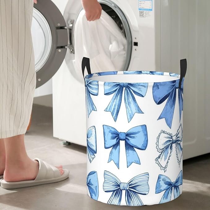 Cute Blue Bow Print Laundry Basket For Storage Bins Gift Baskets Bedroom Clothes Hamper