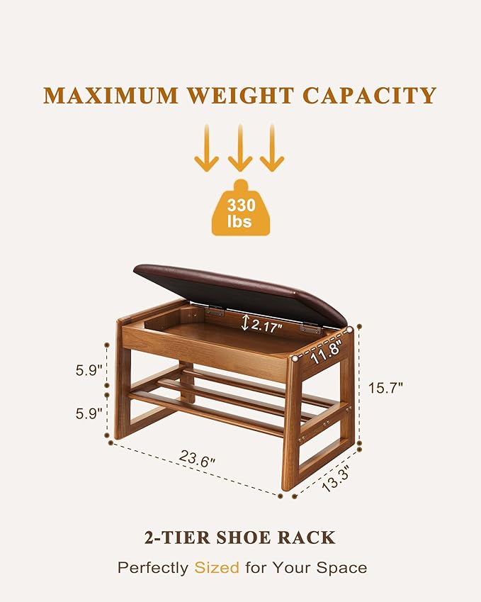 Shoe Rack Bench Seat Rubberwood 2-Tier Wooden Storage Bench 550lbs Compact Mid-Century Modern Design for Entryway, Hallway, Closet, Front Door Entrance, Foyer