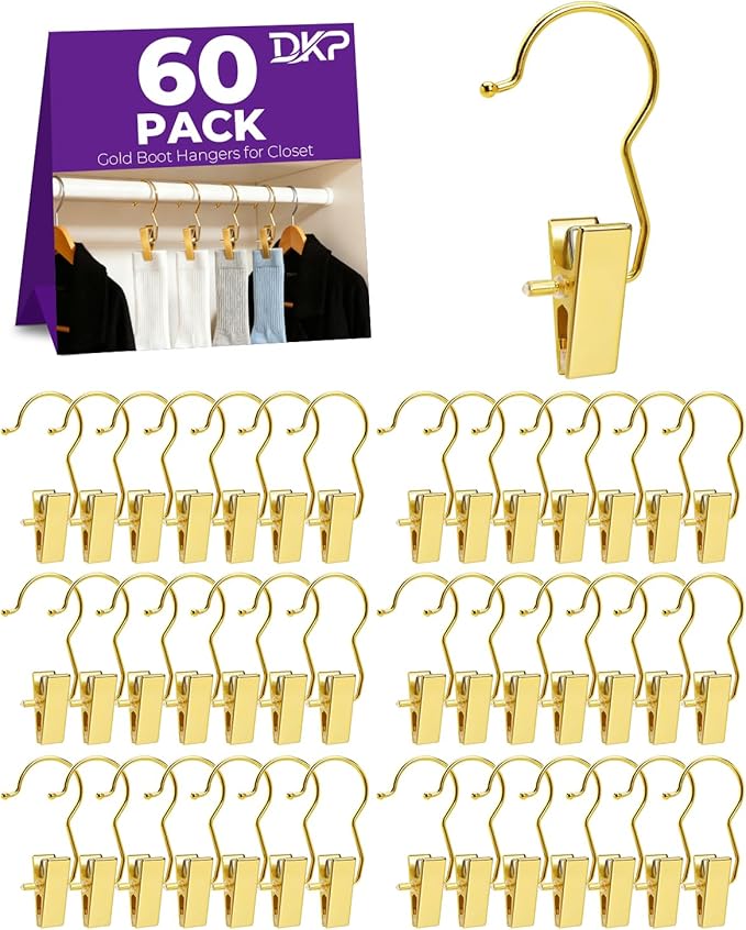 60 Pack Gold Boot Hangers for Closet Storage, Clips Hangers for Pants, Jeans, Towels & Laundry - Portable Space Saving Design for Travel and Home Organization
