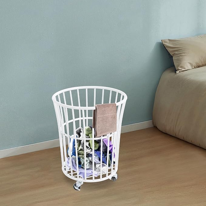 Metal Laundry Basket, Rolling Laundry Hamper with Wheels, Round Mesh Iron Basket Storage Clothes Organizer with Locking Casters for Laundry Room Bathroom Bedroom Closet Dorm (White)