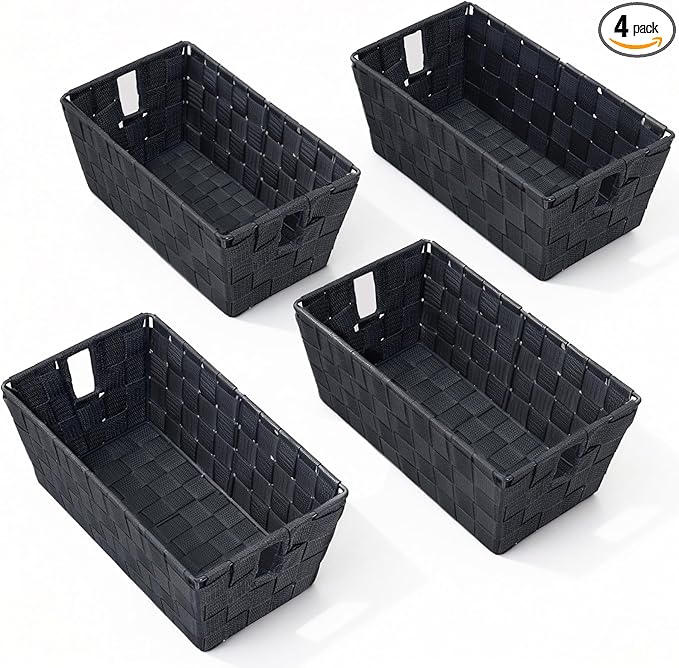 Storage Baskets for Organizing, Woven Organizer Baskets for Shelves, Small Strap Shelf Baskets for Bathroom Storage, Grey, Set of 4