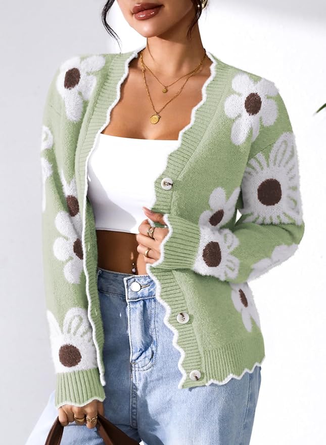 Pink Queen Fuzzy Sweater Cardigan for Women 2025 Fashion Long Sleeve Flower Outerwear Button Down Open Front Cardigan Coat