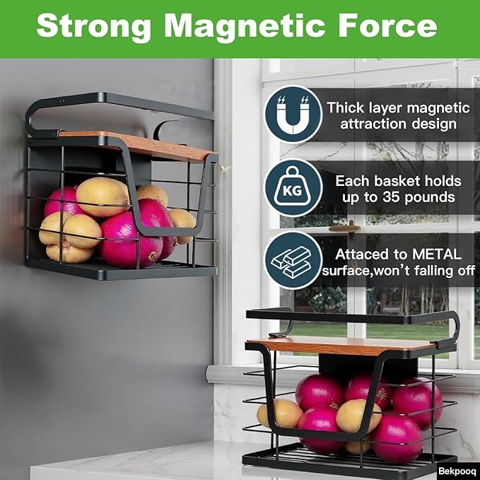 2 Pack Magnetic Trash Bag Holder, Wood Top with Guardrail, Garbage Bags, Potato and Onion Storage Bin, Magnetic&Adhesive Mount Trash Bag Dispenser for Fridge, Washer, Under Sink and RV Storage, Black