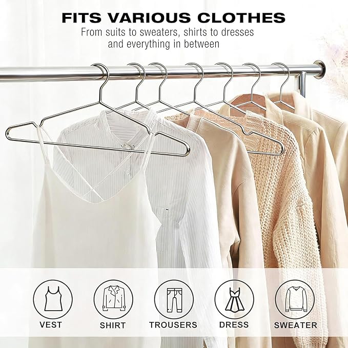 40 Pack Clothes Hangers, METLUCK 17.7 Inch Metal Hangers Heavy Duty Wire Coat Hangers with Non-Slip Notch, Strong Stainless Steel Clothing Hanger Space Saving for Closet, Silver