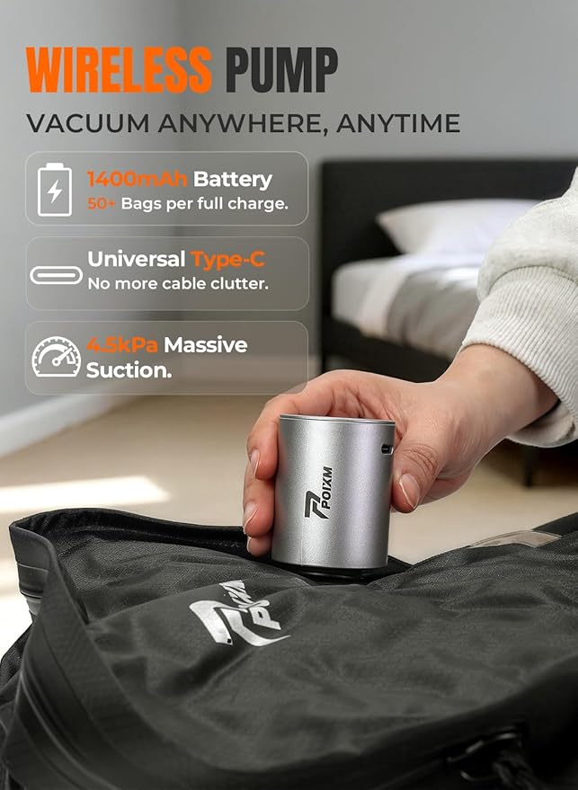 Vacuum Bags for Travel with Wireless Pump, 180° Open Zipper, IP67 Waterproof, Reusable Space Saver Compression Bags for Backpack, Suitcase, Home Storage(2 Pack + Pump)