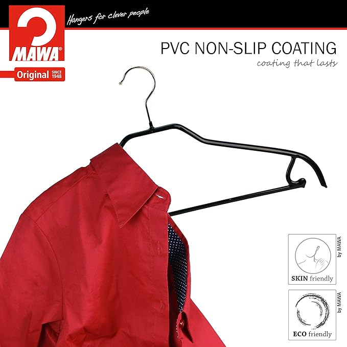 MAWA by Reston Lloyd Silhouette Series Non-Slip Space Saving Clothes Hanger with Bar & Hook for Pants and Skirts, Style 41/FRS, Set of 100, Black