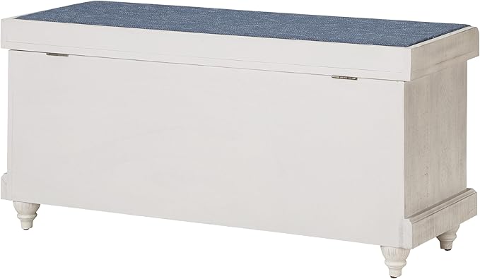 OSP Home Furnishings Dover Coastal Lift-Top Storage Bench with Shutter Face Styling, Distressed White Finish with Navy Fabric Cushion