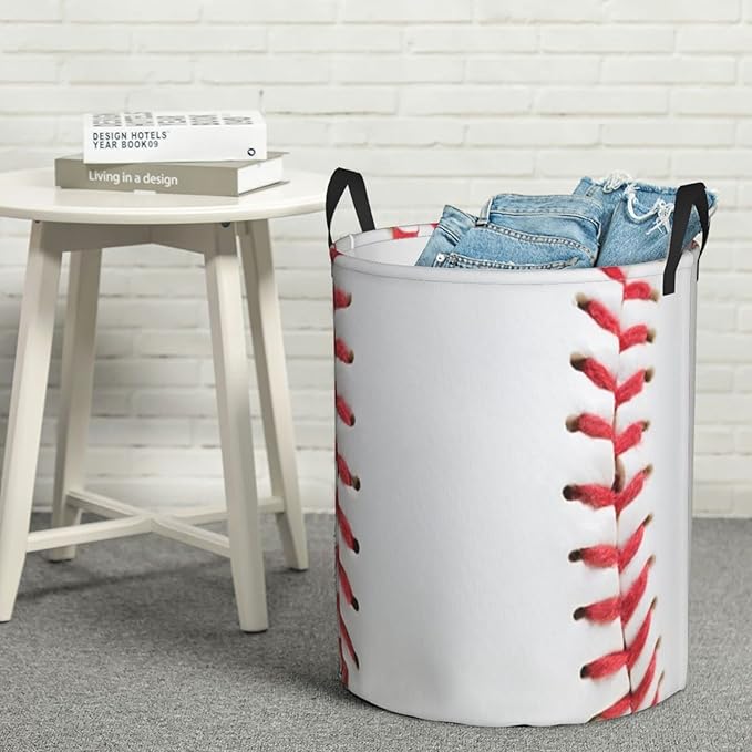 Dujiea Baseball Laundry Basket Round with Handle, Collapsible Foldable Canvas Storage Bin Dirty Clothes Bag for Laundry/Toys Organizer/College Dorm/Nursery/Decor(2 Sizes)