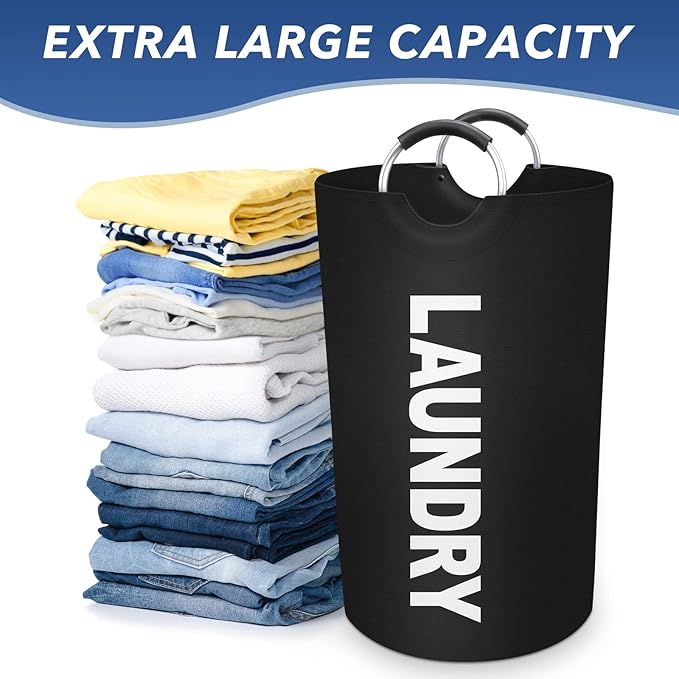 75L Large Laundry Basket, Freestanding Waterproof Laundry Hamper, Collapsible Folding Tall Clothes Hamper, Easy Carry with Foam Protected Aluminum Handles for Dorm, Family, Travel (Black)
