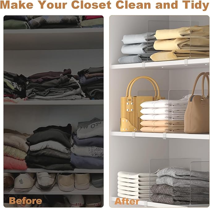 Clear Shelf Dividers for Closet Organization, Pack of 2, Acrylic Closet Dividers for Shelves, Purse Organizer, Handbag Organizer, Fits Clothes Bag Towel, for Bedroom Kitchen Bookshelf