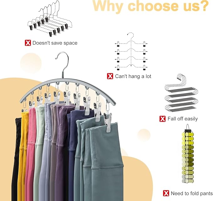 2 Pack Space Saving Metal Yoga Pants Hangers. Specially Coated Non-Slip Clips. Declutter & Streamline Your Closet - Organized & Neat.