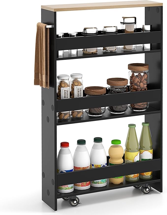 Slim Storage Rolling Cart, 4-Tier Side Out Shelving Unit with Handle, Mobile Organizer Utility Cart on Wheels for Laundry, Bathroom, Office, Kitchen, Narrow Places (Black)