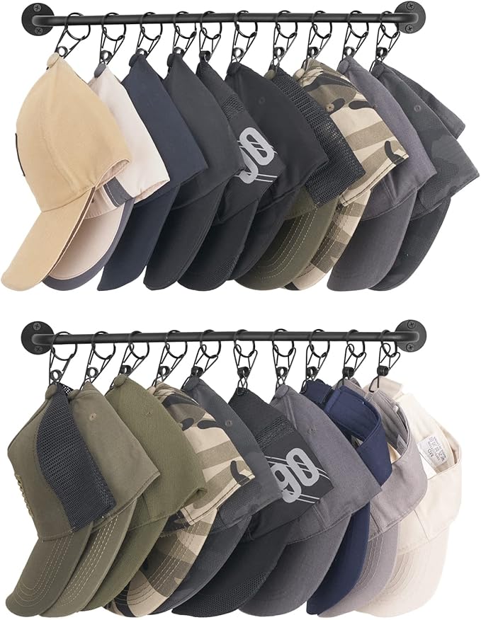 Mkono Hat Rack for Wall Baseball Cap Organizer Holder with 20 Clips Modern Metal Hat Storage Display Hanger Wall Mount Cowboy Hat Hooks Rack for Closet Bedroom Entryway, Set of 2