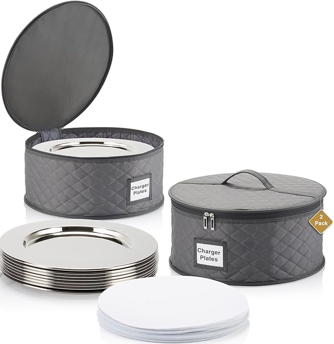 2 Pack China Storage Container for Big Dinner Plate - 14" W x 7" H - Includes 24 Felt Dividers. Stackable with Padded Interior - Great for Big Plates and Charger Plates