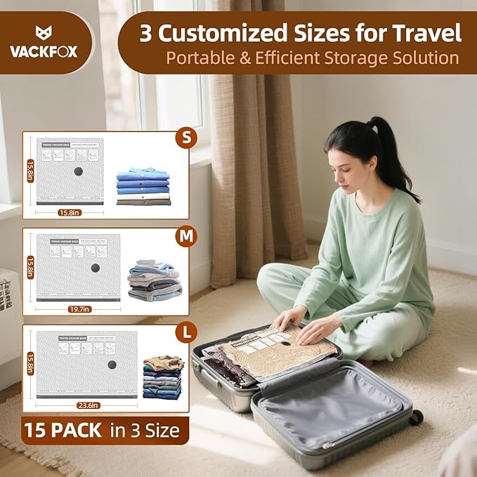 Vacuum Bags for Travel,15 Pack Carry-on Size Compression Packing Bags for Luggage and Suitcase, Space Saver for Clothes and Clothing Travel 80% Space Saver.