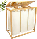 Bamboo Laundry Hamper 3 Section with Lid, 150L Laundry Sorter with Pull-Out Removable Washable Bags, 3 × 12.5 Gal Divided Laundry Baskets for Laundry Room, Bathroom (Beige)