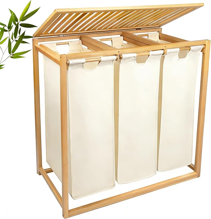 Bamboo Laundry Hamper 3 Section with Lid, 150L Laundry Sorter with Pull-Out Removable Washable Bags, 3 × 12.5 Gal Divided Laundry Baskets for Laundry Room, Bathroom (Beige)
