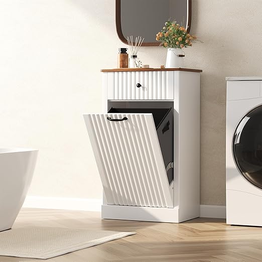 Fluted Tilt Out Laundry Hamper Cabinet, 10 Gallon Hidden Trash Can Cabinet, Wooden 2 in 1 Tilt Out Garbage Can for Kitchen, Bathroom (Antique White, Single)